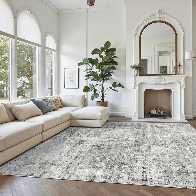 Abstract Rug 8x10 Large Living Room Rugs Neutral Modern Washable Area Rugs for Bedroom Dining Room Non-Slip Stain Resistant Foldable Thin Rug Gray White