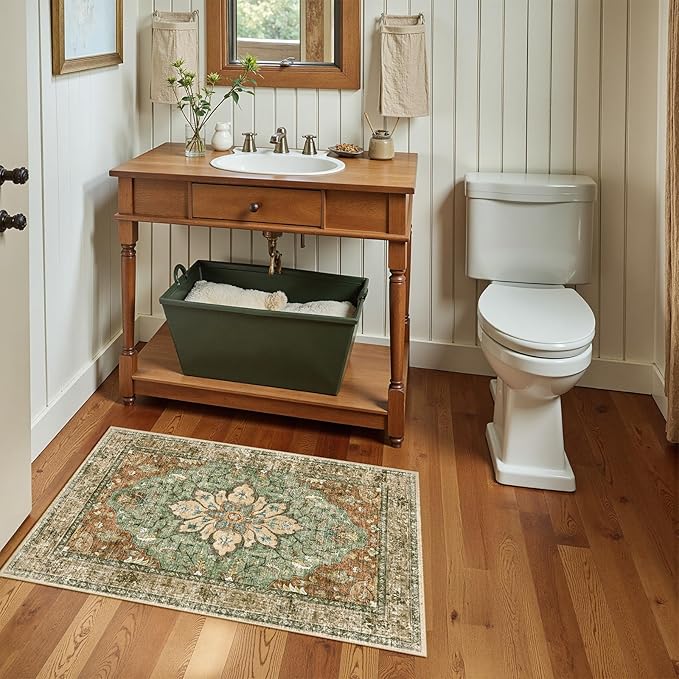 Area Rugs 2'x4' Kitchen Rugs Entry Rug Small Rugs for Entryway Kitchen Bathroom Door Mat Indoor Entrance,Washable Non Slip, Brick Red Rust Neutral Brown Burnt Orange Green