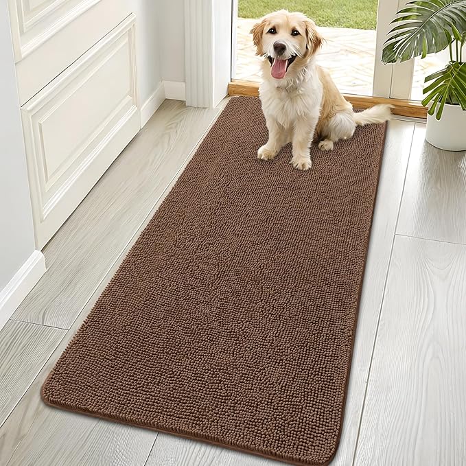 OLANLY Dog Door Mat for Muddy Paws 70x35, Absorbs Moisture and Dirt, Absorbent Non-Slip Washable Doormat, Quick Dry Chenille Mud Mat for Dogs, Entry Indoor Entryway Carpet for Inside Floor, Mocha