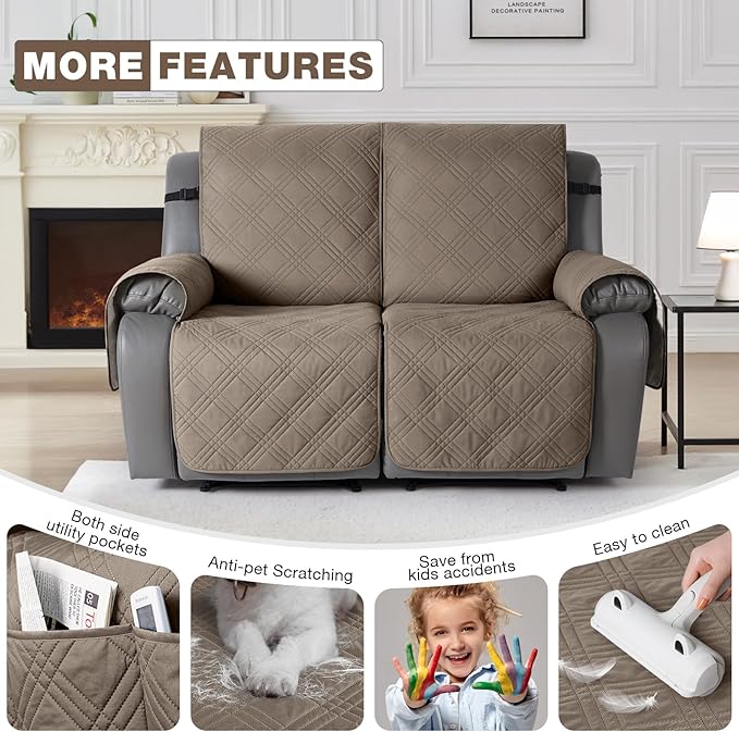 TAOCOCO 100% Waterproof Loveseat Recliner Covers 2 Seater, Split Loveseat Covers for Reclining loveseat, Non Slip Reclining Couch Cover with Double Straps for Kids, Pets(2 Seater, Gray Taupe)