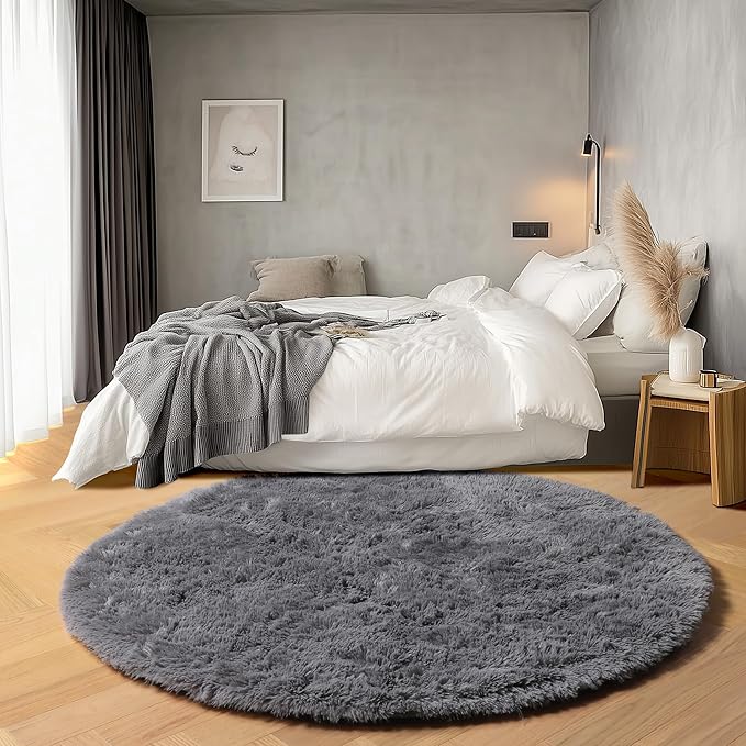 ONASAR Grey Round Area Rugs 5ft, Gray Soft Bedroom Circle Rug Floor Mats for Kids Girls Teen Room, Fluffy Plush Shaggy Carpet for Baby Nursery Living Room Playroom Home Decor Aesthetic