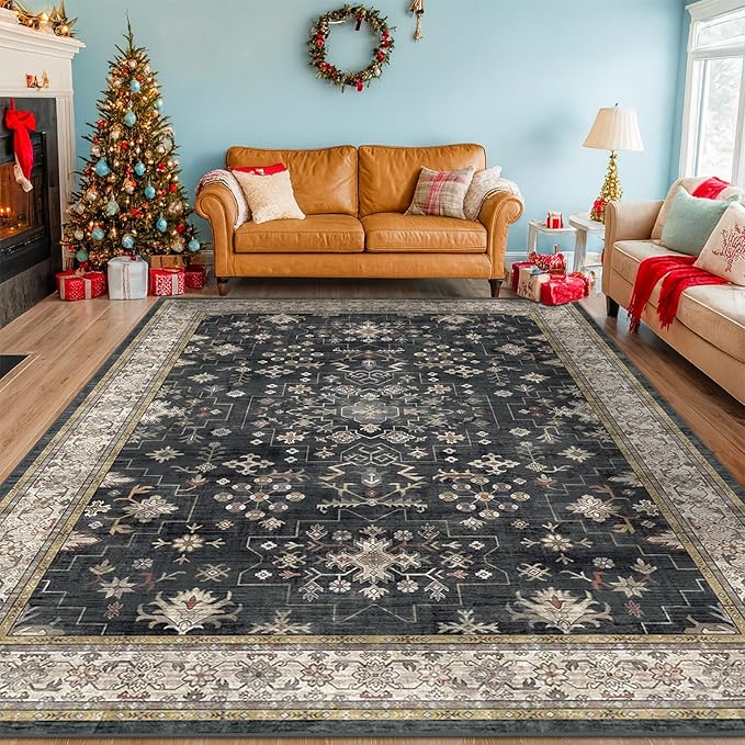 Black Farmhouse Washable 8x10 Area Rugs for Living Room, Bedroom, Dining Room Kitchen Table Rug for Under Table, Office, Dark Charcoal Tumble Stain Resistant Non-Slip Large Washable (8x10 Black/Multi)