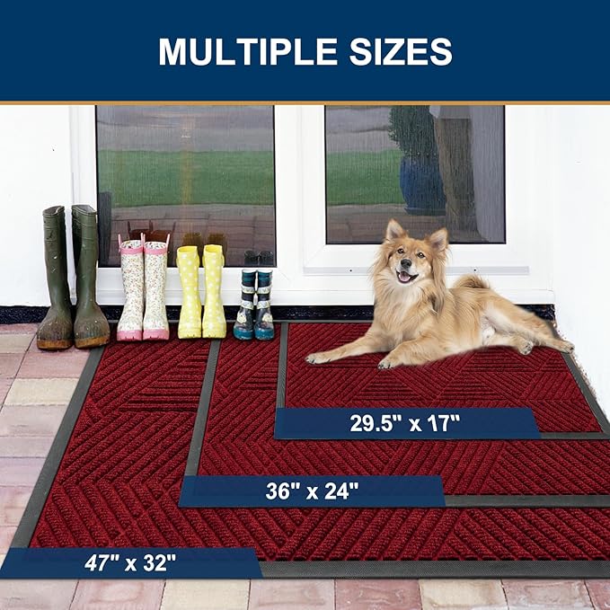 Smiry Front Door Mat Outside Entrance, Heavy Duty Sturdy Natural Rubber Doormat, Trap Dirt and Moisture, Easy Clean Low Profile Mats for Indoor Outdoor Entry, Irregular Triangle (29.5x17, Deep Red)