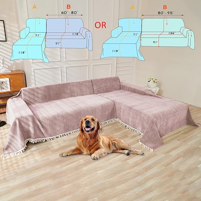 HANDONTIME Soild Couch Covers for Dogs Pink-Purple Sofa Covers Boho Cover for Sofa 3 Seats Chenille Sofa Throw Cover Mauve Sofa Covers for 3 Cushion Couch Tassel, Washable, Pet Friendly, 91" X150"