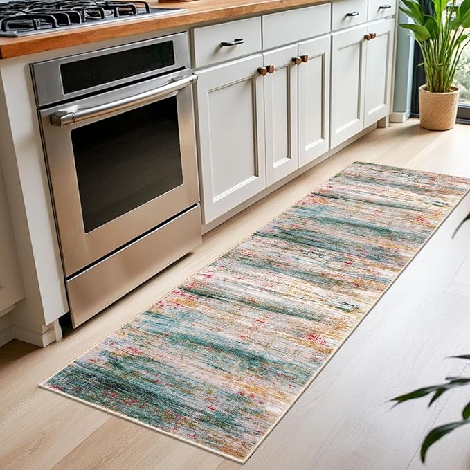 KOZYFLY Modern Abstract Kitchen Runner Rug, 2x6 Washable Rug Runner Non-Slip Soft Hallway Runner Rugs, Green Print Carpet Runner for Entryway Bathroom Laundry Room Foyer