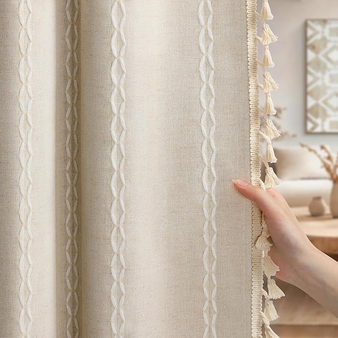 Boho Blackout Curtains 90 Inches Long Beige Linen Blend 2 Panels with Tassels and Cotton Embroidery, Farmhouse Vintage Rustic Rod Pocket Drapes for Living Room or Bedroom