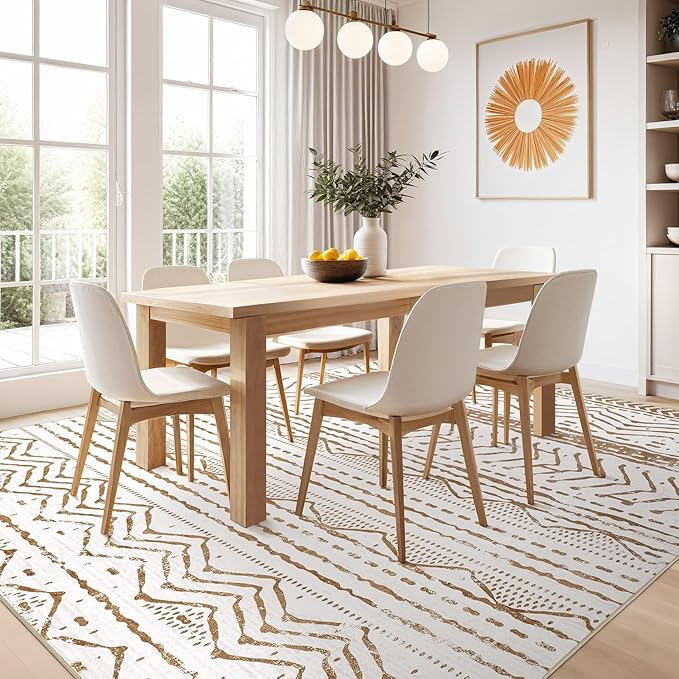Nakagishi 6x9 Area Rugs Living Room: Washable Boho Large Neutral Soft Farmhouse Rug Stain Resistant Modern Indoor Floor Non-Slip Carpet for Bedroom Nursery Playroom Office Dining Dorm- White Brown