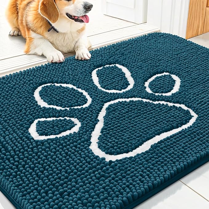 Smiry Dog Door Mat for Muddy Paws, Absorbent Dirt Trapper Non Slip Quick Dry Washable Chenille Mat for Mud Dogs, Entry Rug for Indoor and Outdoor (30x20 Inches, Atlantic Blue and White)