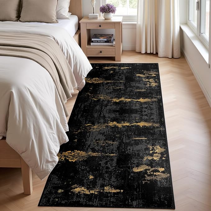 Washable Area Rugs 2'x10' Non-Slip Modern Abstract Soft for Living Room Entryway Bedroom Nursery, Print Pattern, Dark Black Gold