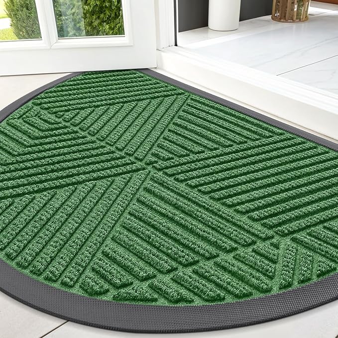 Smiry Half Circle Front Door Mat Outside Entrance, Heavy Duty Sturdy Natural Rubber Doormat, Trap Dirt and Moisture, Low Profile Mats for Indoor Outdoor Entry, Irregular Triangle (47x32, Green)