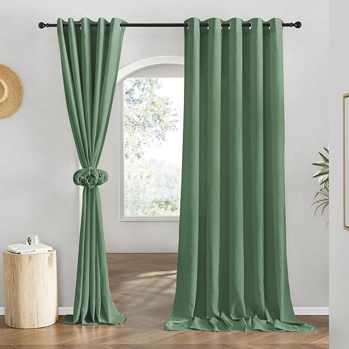 NICETOWN Flax Olive Green Linen Curtains for Room Divider, Grommet Top Thick Flax Semi Sheer Vertical Drapes Privacy Assured with Light Filtering for Sliding Glass Door, W68 x L96, 2 Pieces