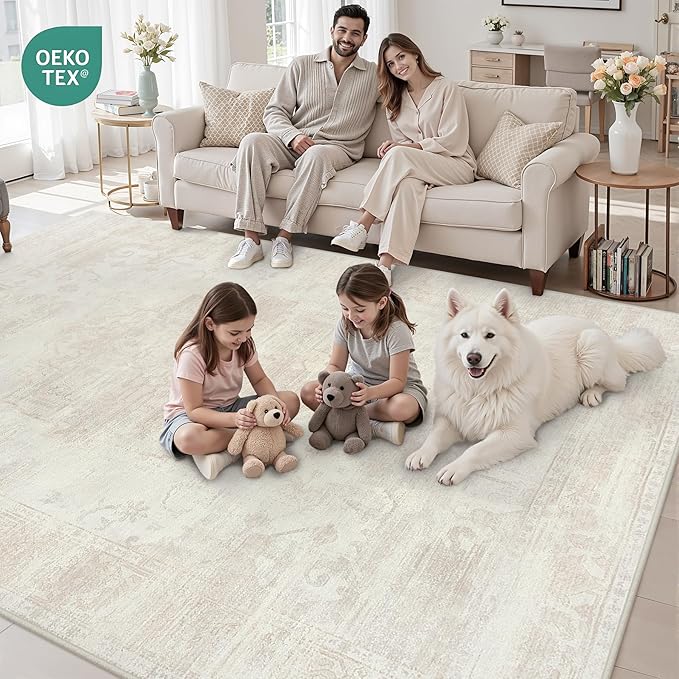 8x10 Area Rugs for Living Room: Vintage Boho Neutral Washable Rug Indoor Soft Large Area Rug Carpet for Bedroom Nursery Farmhouse Dining Room Office Floor Non-Slip Low Pile Under Table Rug Cream Beige
