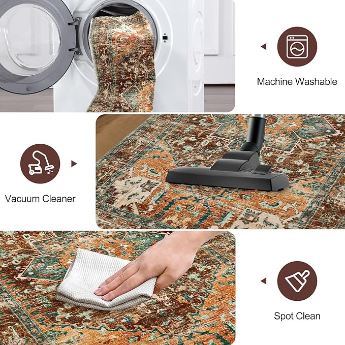 Yamaziot Washable Runner Rug, 3x10 Non-Slip Boho Vintage Hallway Rug with Rubber Backing, Low Pile Faux Wool Distressed Carpet Runner for Bedroom, Kitchen, Laundry, Entrance