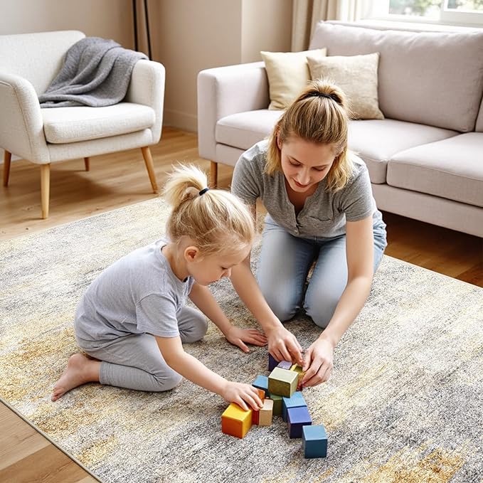 4x5 Washable Entryway Area Rug: Modern Abstract Runner Rugs Indoor Soft Non Slip Door Mat for Living Room Low Pile Thin Floor Carpet for Kitchen Dining Room Bedroom Home Office Decor(4x5,Grey/Yellow)