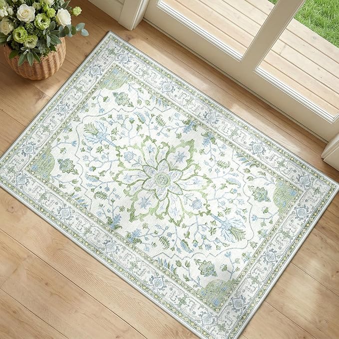 Area Rugs 2'6''x4' Kitchen Rugs Entry Rug Small Rugs for Entryway Kitchen Bathroom Door Mat Indoor Entrance,Washable Non Slip, Green White Blue