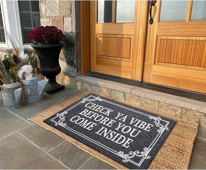 Front Door Door Mat Indoor Outdoor Entrance Doormat Rubber Welcome Door Mat,Check Ya Vibe Before You Come Inside Mats, Anti Slip Easy to Clean Corridor Entry Mat Gray 36" x 24"