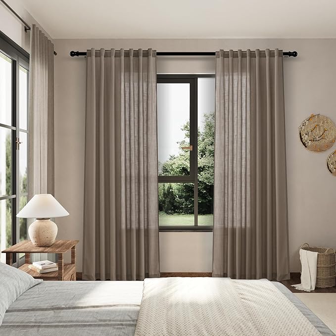 Dark Taupe Linen Curtains 84 Inches Long for Bedroom Back Tab Light Filtering Privacy Semi Sheer Curtains Modern Farmhouse Decor Dark Taupe Cotton Textured Curtain for Living Room 2 Panels 52x84