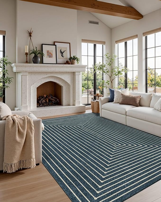 Latte&Fog 5x7 Area Rugs for Living Room Bedroom, Blue Modern Abstract Washable Rug, Boho Non Slip Low Pile Carpet for Indoor Dining Room, Dorm, Classroom, College Dorm, Farmhouse and Kids Room - Blue