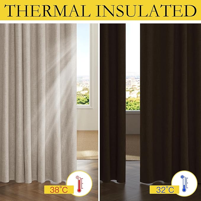 NICETOWN Oatmeal Linen 100% Blackout Curtains 120 inches Length 2 Panels Set with Thermal Insulated Liners, 52" Width, Farmhouse Style Extra Long Window Draperies for Patio Sliding Glass Door