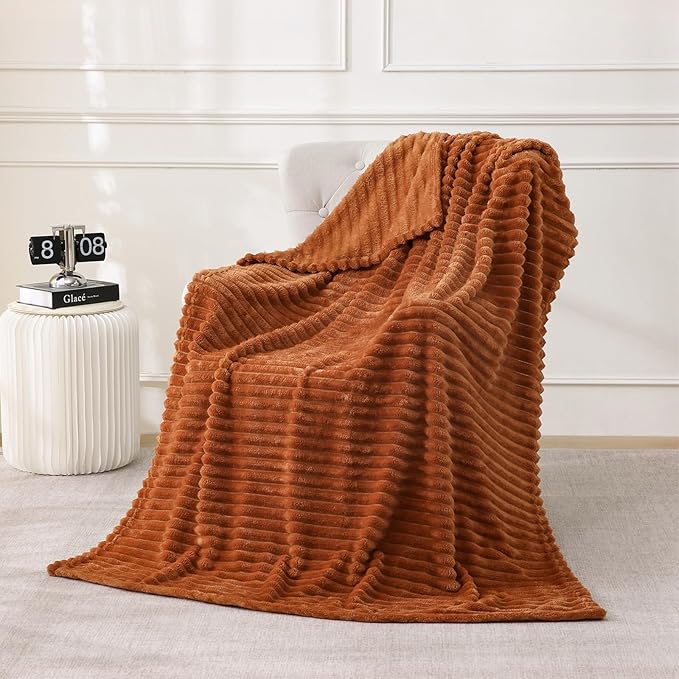 Burnt Orange Fleece Throw Blanket 108”×90” for Couch Sofa Bed,Super Soft Cozy Plush Microfiber Flannel Blanket with Stripes Design Lightweight for Adults,Woman,Girls