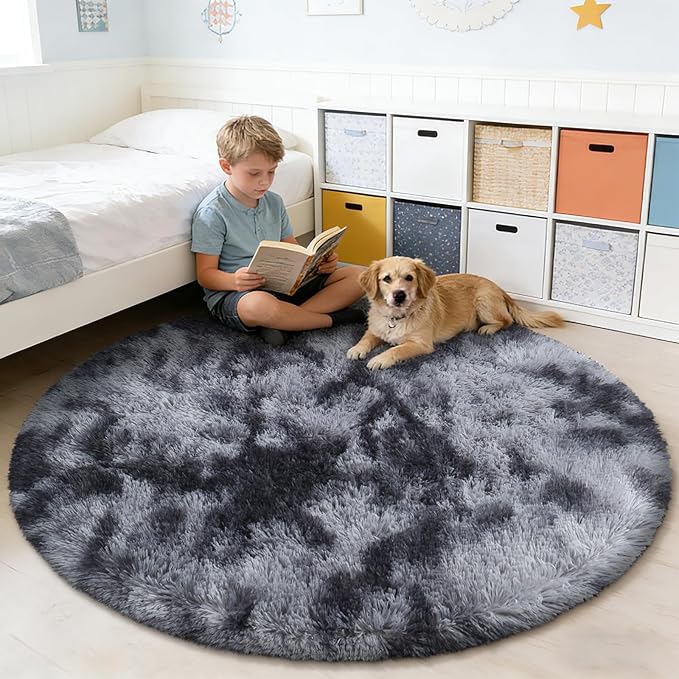 Tie-Dyed Black Fluffy Round Rug,Soft Area Rugs for Girls Room,Shaggy Rugs 4'X4' for Living Room,Non Slip Circle Rug for Kids Bedroom,Shag Plush Nursery Rug,Plush Carpet for Dorm,Cute Furry Room Decor