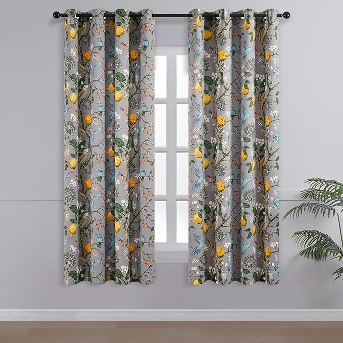Topfinel Kitchen Curtains 45 Inch Length Gray Vintage Blackout Curtains for Cafe Kitchen, Short Grommet Luxury Whimsical Floral Hummingbird Patterned 45 Inches Long for Living Room Bedroom