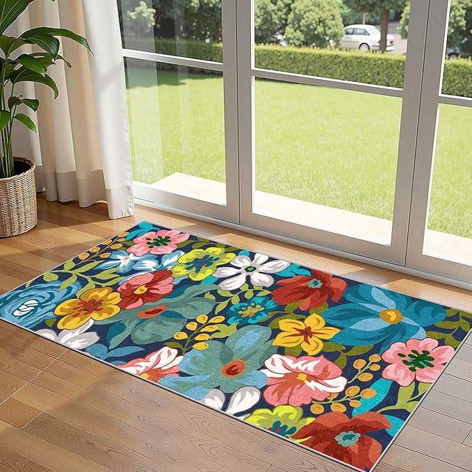 Front Door Mat Indoor Entrance - 2x4.3 Ft Floral Washable Layered Doormat Outdoor Entrance Porch Rug Non-Slip Spring Colorful Flower Runner Rug for Kitchen Bedroom Laundry Room Porch Decor