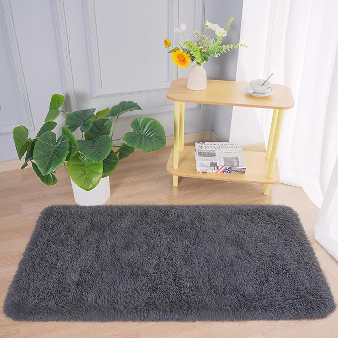 Chicrug Soft Runner Rugs for Bedroom Living Room Plush Fluffy Rug 2x4 Feet, Shag Furry Area Rug Carpet Non Shedding for Nursery Children Kids Girls Room Home Decorative, Coal Grey
