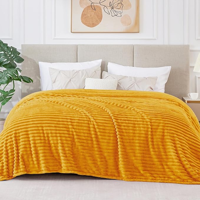 BEDELITE Fleece Blanket King Size – 3D Ribbed Jacquard Soft and Warm Decorative Fuzzy Blankets – Cozy, Fluffy, Plush Lightweight Throw Blankets for Couch, Bed, Sofa(Mustard Yellow, 108x90 inches)