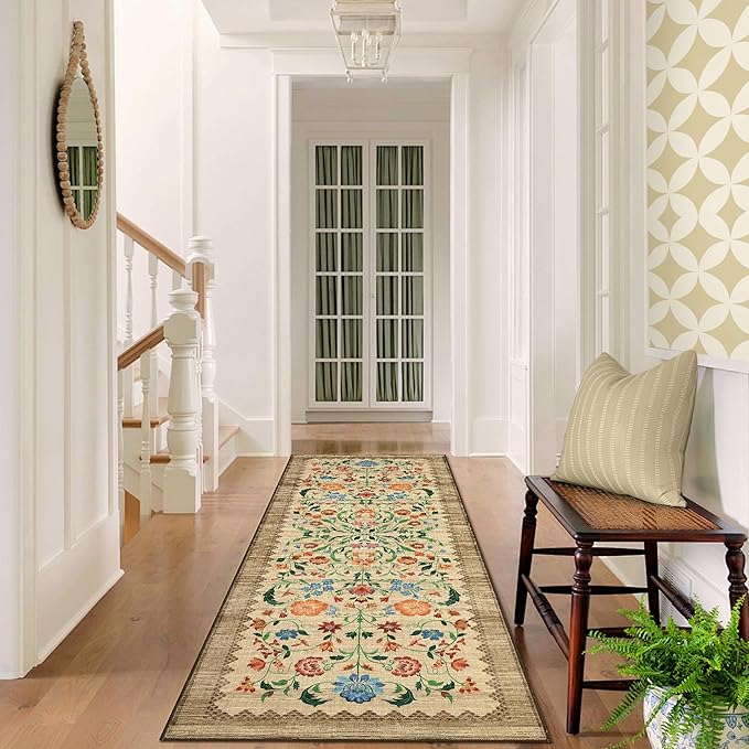 GarveeHome Floral Rug 2.5x10 Runners for Hallways, Boho Kitchen Runner Rugs Non Slip Bath Runners, Vintage Washable Runner Rug for Bedroom, Soft Long Rugs for Entryway Bathroom Laundry Dorm, Beige