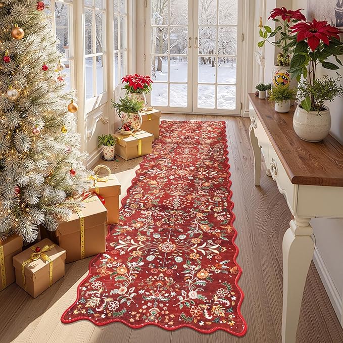 Yamaziot Christmas Runner Rug 2x8 – Red Floral Washable Non-Slip Carpet Runner Christmas Holiday Decor, Soft Low Pile Christmas Rug for Hallway, Kitchen, Entryway