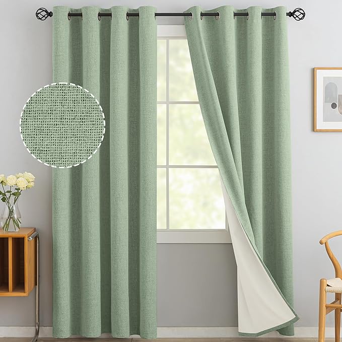 Yakamok Light Sage Green Linen Curtains 100% Blackout 96 Inches Long,Room Darkening Textured Curtains for Living Room Thermal Grommet Bedroom Curtains 2 Panels with White Liner