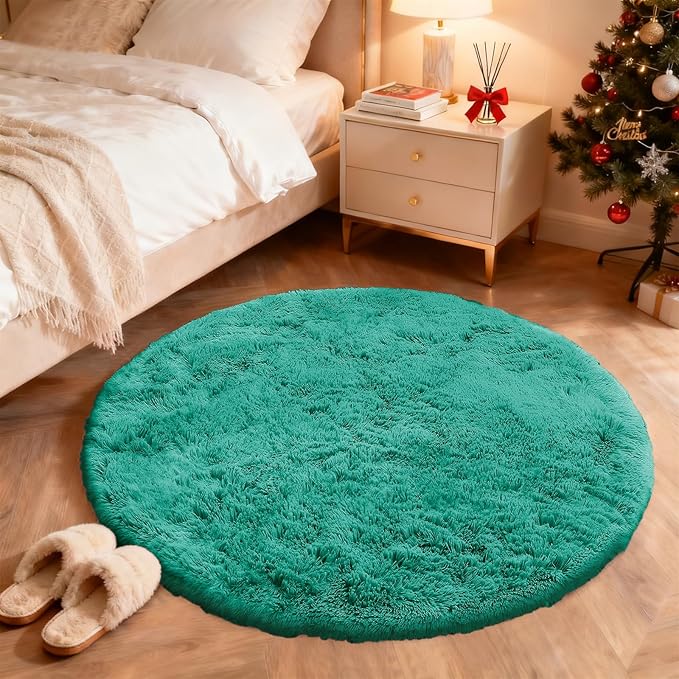 OLANLY Teal Green Round Rugs for Bedroom - Machine Washable, 5 ft Circle Area Rugs for Living Room, Soft and Fluffy Shaggy Carpet for Teen Girl and Boys, Nursery Rooms, Dorms, Home Decor Aesthetic