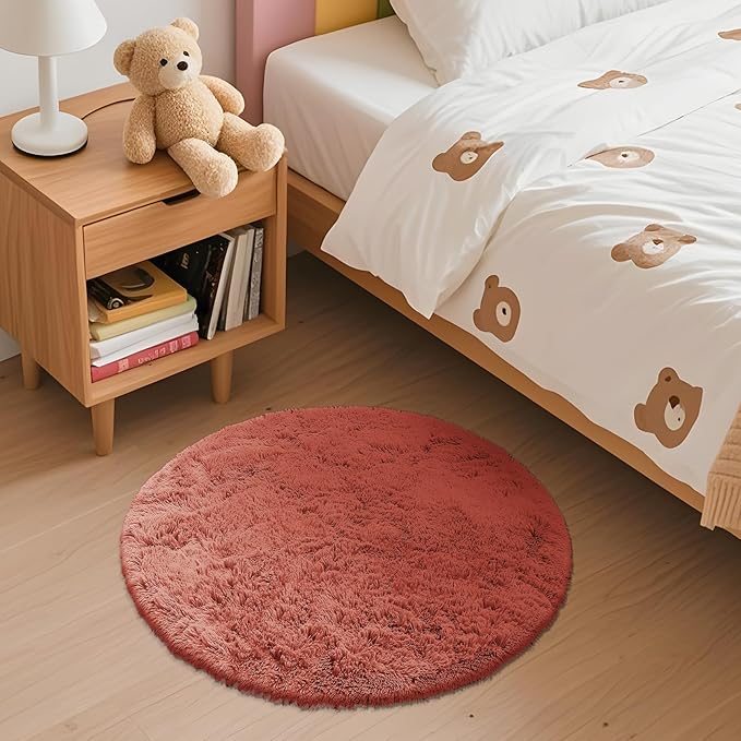 OLANLY Rust Red Round Rugs for Bedroom - Machine Washable, 2 ft Circle Area Rugs for Living Room, Soft and Fluffy Shaggy Carpet for Teen Girl and Boys, Nursery Rooms, Dorms, Home Decor Aesthetic