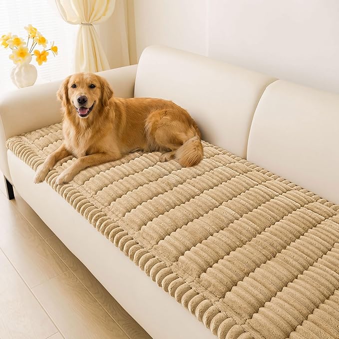 hyha Couch Covers for Dogs Washable, Non Slip Plush Dog Sofa Protectors, Fuzzy Pet Couch Covers for 3 Cushion Sofa Pet Friendly (Camel, 27.6" x 82.7")