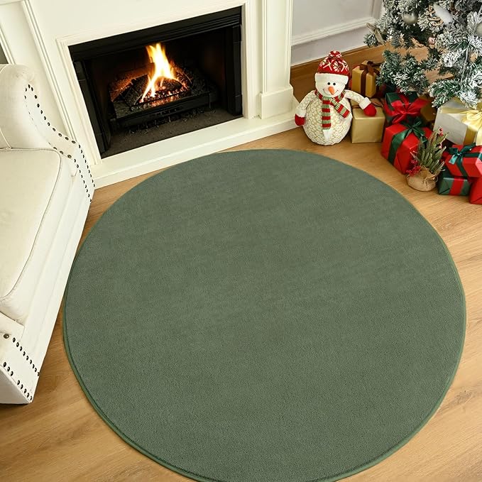 Amearea Sage Green Round Area Rugs 4ft Washable Circle Rugs for Bedroom Living Room, Fluffy Indoor Thickened Memory Foam Rug, Non Slip Minimalist Circular Carpet for Kids Boy Girl Dorm Nursery Room