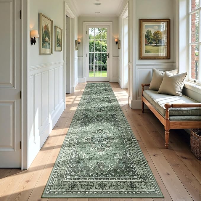 RELEANY Area Rugs 2'6''x10' Runner Rug Non Slip Washable for Kitchen Hallway Bedroom Beside Laundry Room Bathroom Rug, Floor Carpet, Dark Green Gray