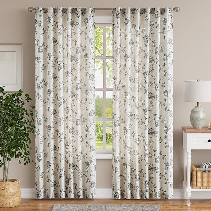 jinchan Linen Curtains Floral Curtain 84 Inch Length for Living Room Bedroom Light Filtering Rod Pocket Back Tab Jacobean Curtains Flax Linen Texture Window Drapes Set 2 Panels Black on Linen