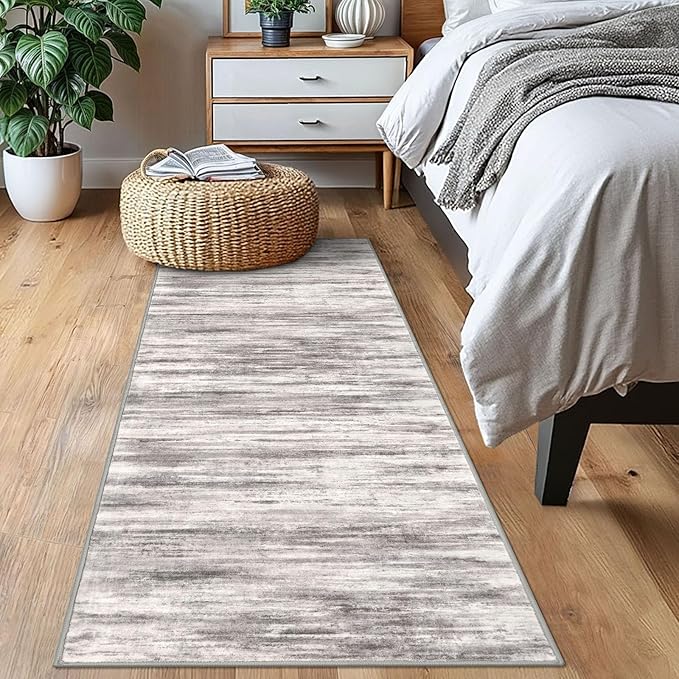 KOZYFLY Modern Abstract Kitchen Runner Rug, 2x6 Washable Rug Runner Non-Slip Soft Striped Hallway Runner Rugs, Grey/Light Beige/Brown Print Carpet Runner for Entryway Bathroom