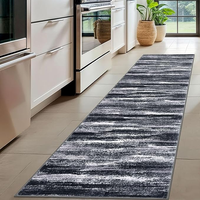 Lansny Modern Abstract Hallway Runner Rug, Black Grey Washable Entryway Runner Non-Slip Soft 2x8 Runner Rug Thin Print Faux Wool Carpet for Kitchen Bedroom Laundry Room Indoor Home Decor