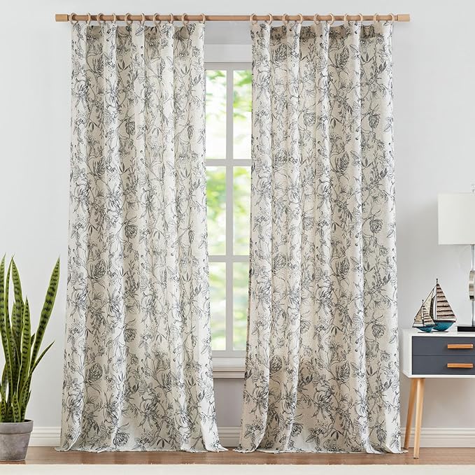 jinchan Floral Curtains 108 Inch Length Black Flower Linen Farmhouse Curtain for Living Room French Country Vintage Curtain Rod Pocket Curtains Set 2 Panels Balck Floral Printed