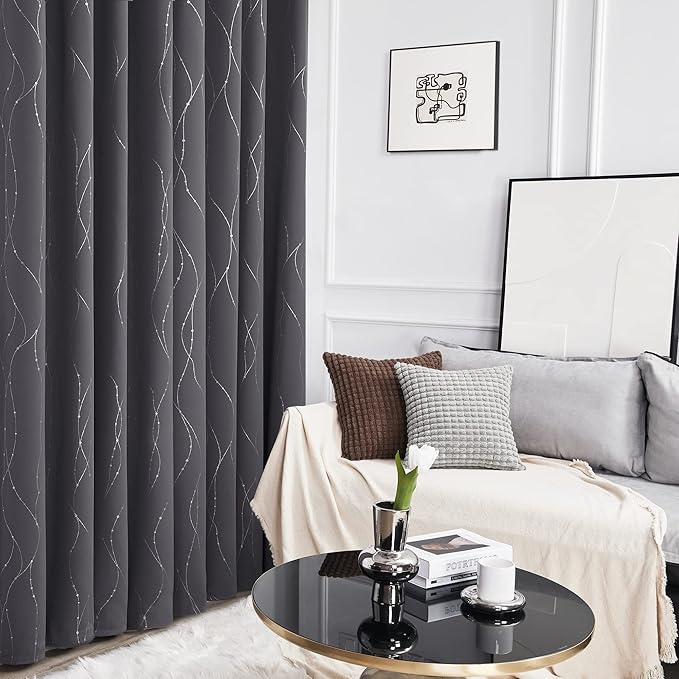 Deconovo Grey Blackout Curtains for Bedroom, Thermal Insulated Soundproof Drapes, Wave Dots Foil Print, 52 x 84 Inches Long, 2 Panels, Machine‑Washable Privacy Window Panel for Living Room Patio Door