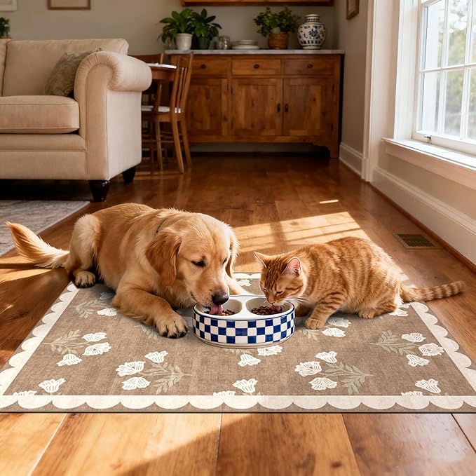Front Door Mat Outside Entrance - 2x3 Floral Non-Slip Washable Doormat Indoor Outdoor Mat Tan Neutral Farmhouse Scalloped Entry Rug Small Throw Rugs for Entryway Kitchen Front Porch Decor