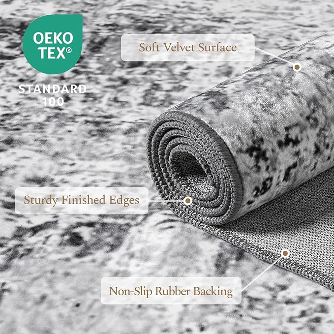 Rugflix 6x9 Large Area Rugs for Living Room, Abstract Washable Rug, Non-Slip, Stain Resistant, Soft Low Pile Carpet, Indoor Grey Rug for Bedroom, Dining Room, Home Office