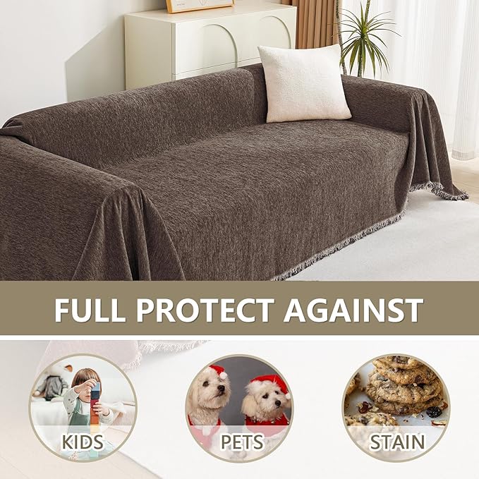 MYSKY HOME Couch Covers for 2 Cushion Couch Sectional Sofa, L Shape Sofa Protector Deep Chocolate Chenille Couch Cover, Sofa Covers Washable Blanket with Tassel Pet Couch Cushion Cover, 71"X102"