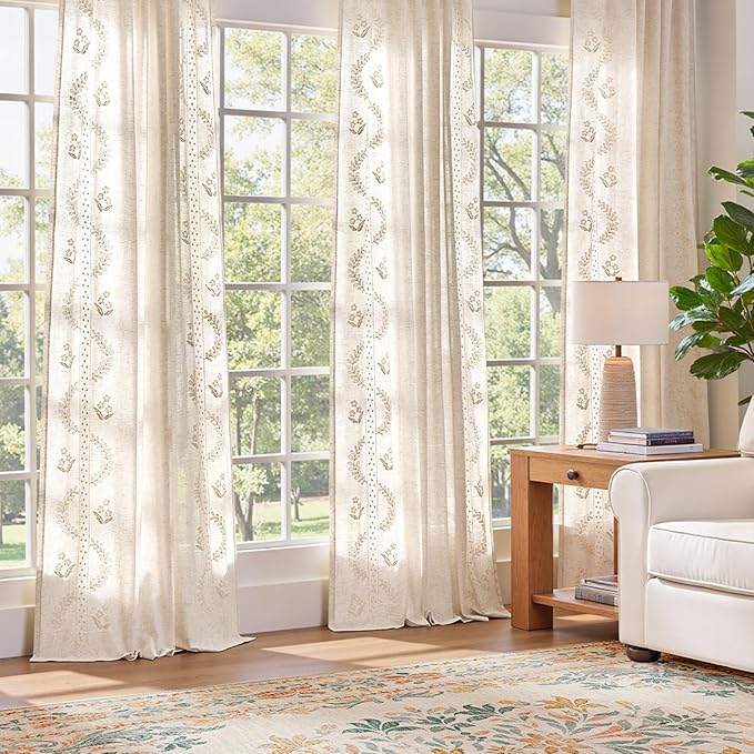jinchan Belrose Linen Curtains for Bedroom Floral Curtains 63 Inch Length Linen Blend Ivory Embroidered Drapes Farmhouse Flower Patterned Drapes for Living Room Window Treatments Set 2 Panels