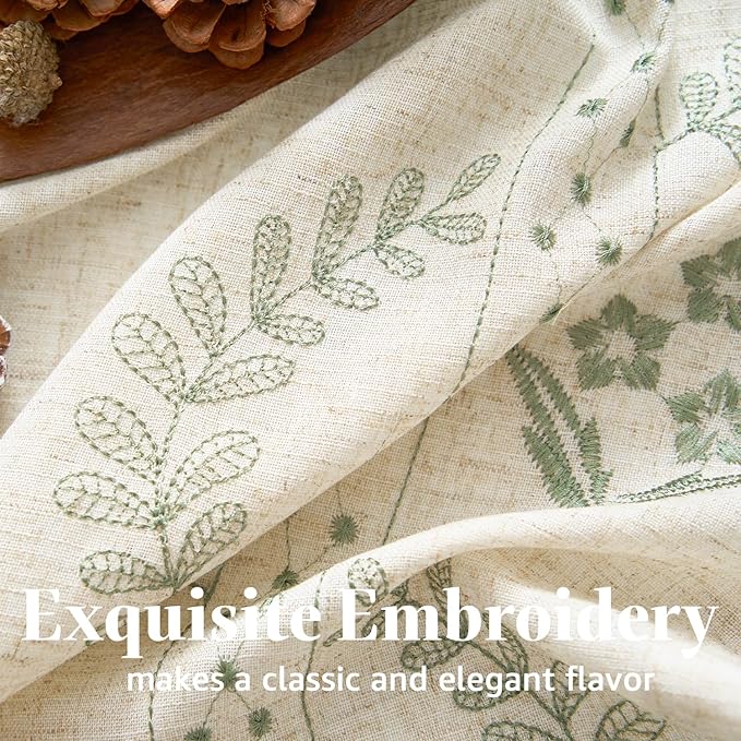 jinchan Belrose Linen Floral Kitchen Curtains 24 inch Length Embroidered Farmhouse Cafe Curtains for Living Room Bathroom Small Windows Curtain Set Sheer Light Filtering 2 Panels Sage Green