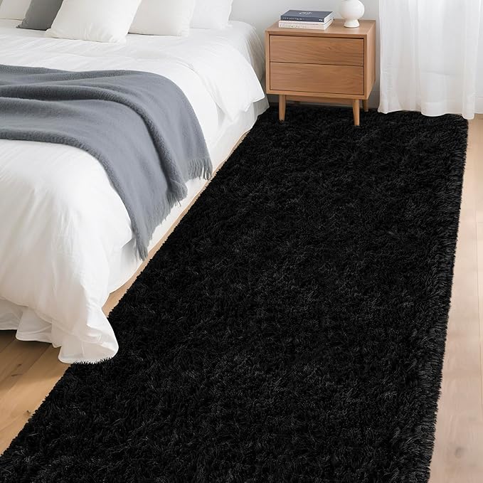 3x10 Bedside Area Rugs for Bedroom Soft Fluffy Shag Black Rug for Hallway Non-Slip Fuzzy Plush Living Room Rug Indoor Floor Carpet for Kids Rooms Dorm Nursery Modern Home Aesthetic Decor