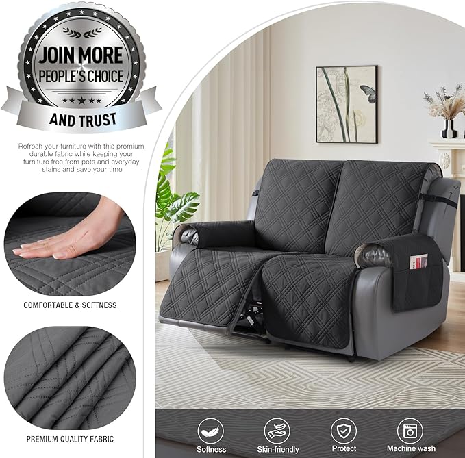TAOCOCO 100% Waterproof Oversized Loveseat Recliner Cover, Non Slip Split Couch Covers for Reclining Loveseat with Elastic Straps for Kids Pets(Oversized 2 Seater, Charcoal Gray)