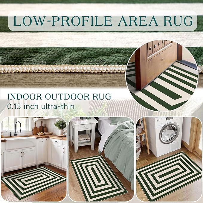 Front Door Mat Outside Entrance - 2x3 Green White Non-Slip Washable Doormat Indoor Outdoor Entrance Geometric Bordered Rug Small Throw Rugs for Entryway Bedroom Kitchen Front Porch Decor